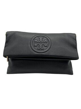 Tory Burch Black Pebbled Leather Bombe Fold-Over Clutch/Crossbody Bag